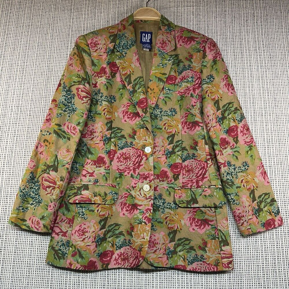 Vintage GAP Floral Linen Blazer Cottagecore Rose Print Garden Party Jacket